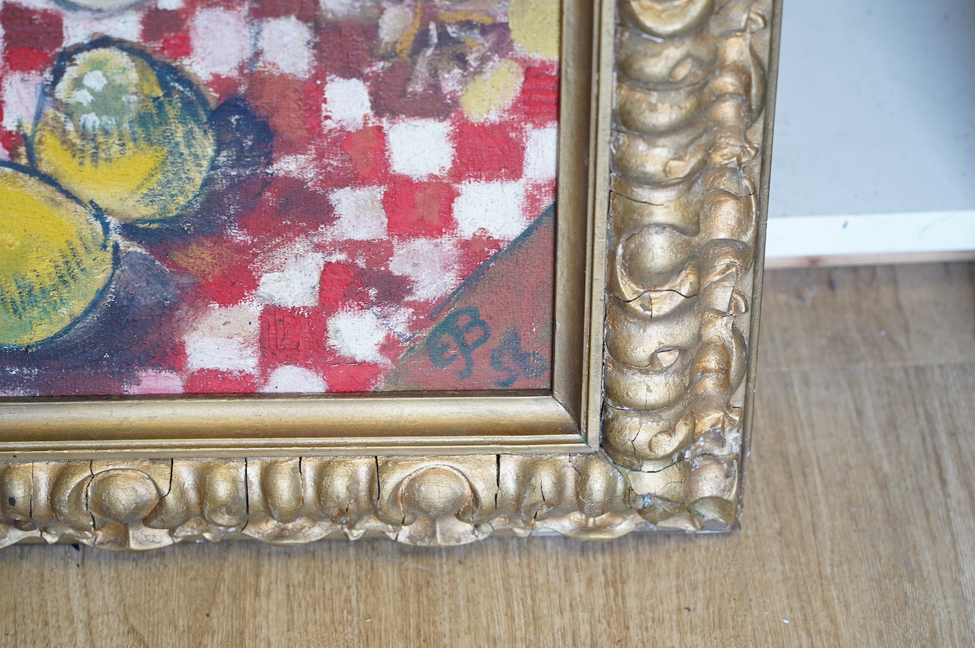 E.J.B., cubist style impasto oil on canvas, Still life, monogrammed and indistinctly dated possibly '50, 72 x 54cm, gilt framed. Condition - fair to good